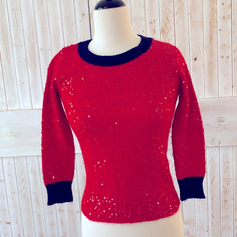 J.Crew red sparkly three-quarter sleeve sweater size XXS